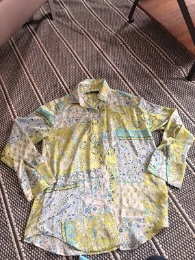 ZARA Floral Button-Down Shirt in Lime Green & Aqua